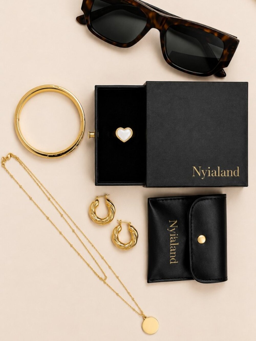 Nylialand Gold Jewelry & Tortoiseshell Sunglasses Accessory Bundle